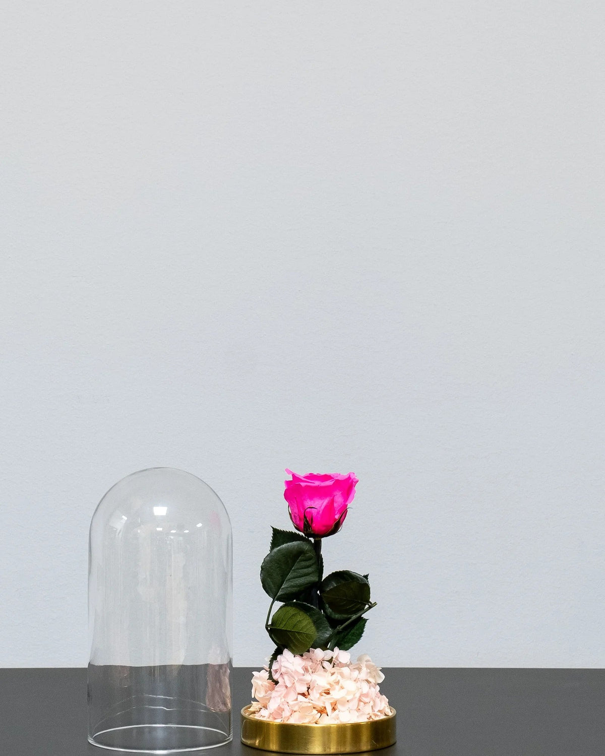 Glaskupa med evighetsrosor i Roskupa med Evighetsrosor och Hortensia